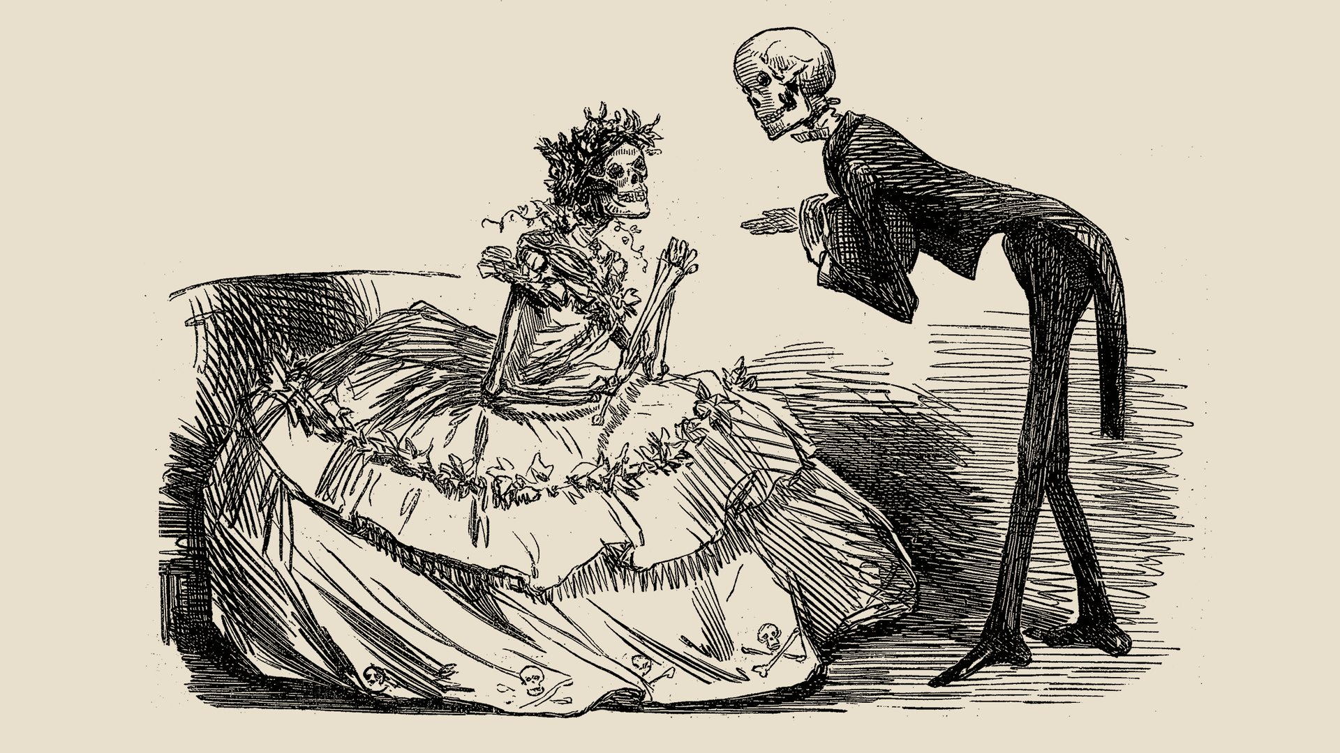 Two skeletons, one wears a wedding dress and the other wears a tuxedo